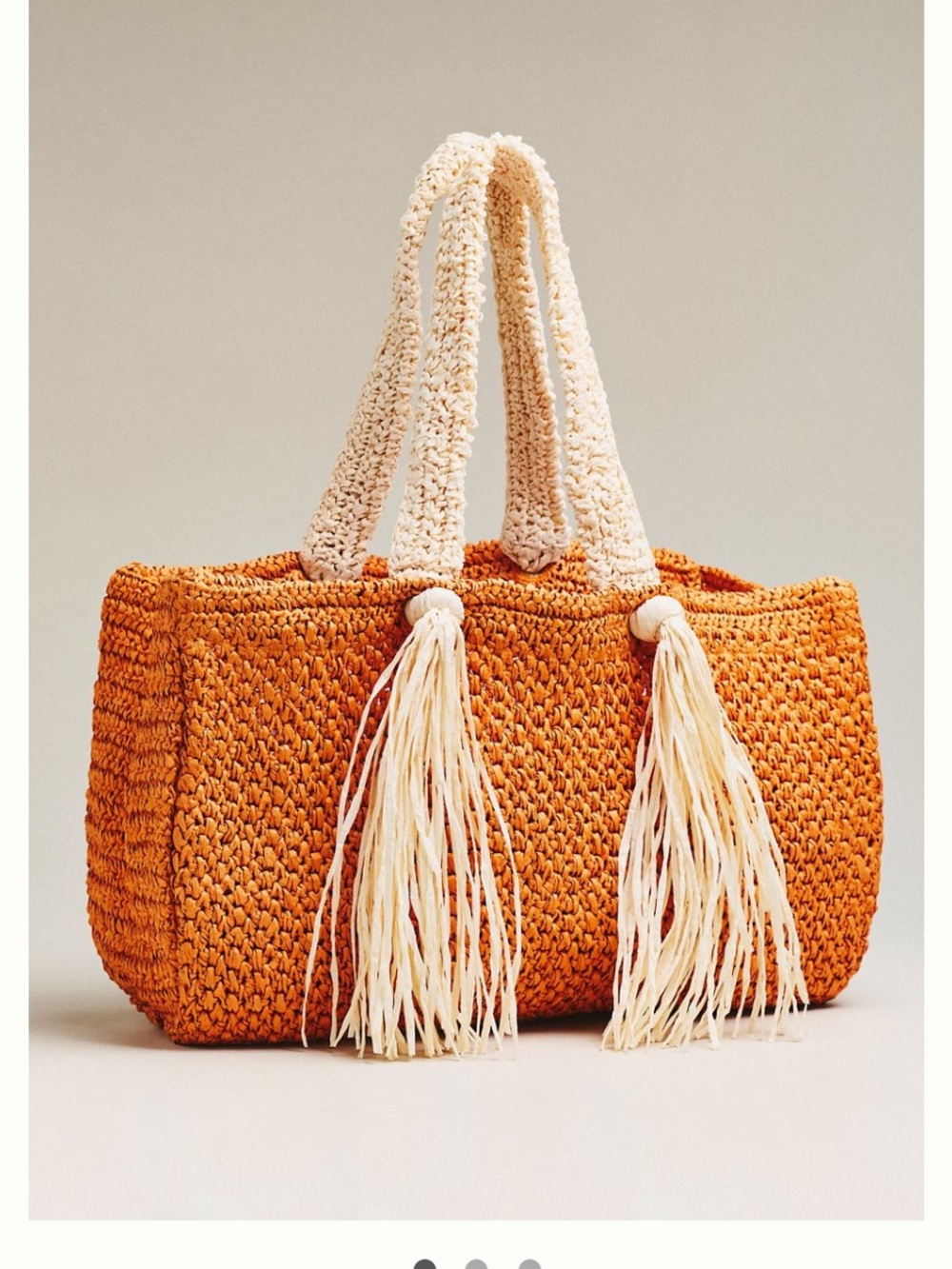 Celandine by Anthropologie Orange Straw Tote Bag with Cream Handles and Tassels